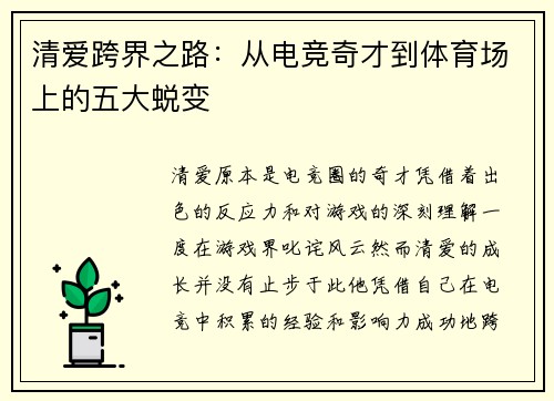 清爱跨界之路：从电竞奇才到体育场上的五大蜕变