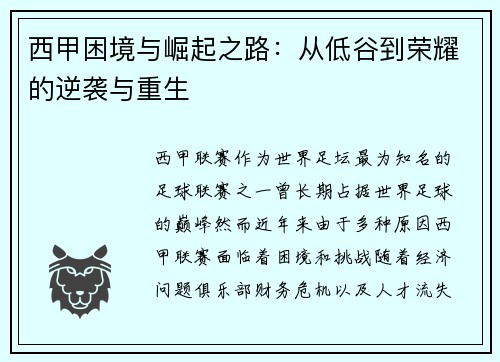 西甲困境与崛起之路：从低谷到荣耀的逆袭与重生
